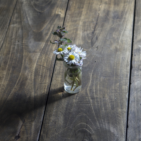 daisy flower in glass jar on wooden backgroundの写真素材