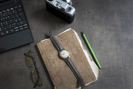 photographer's creative workspace, from aboveの写真素材