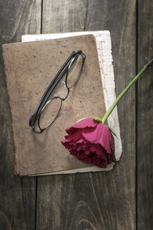 Still life with vintage notebook and rose, from aboveの写真素材