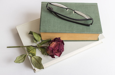 reading glasses on book with flower, from aboveの写真素材
