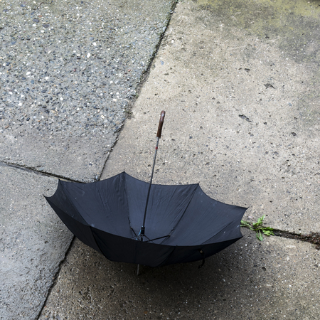 Open black umbrella resting on concrete surface, from aboveの写真素材