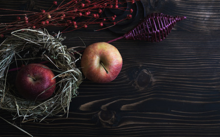 Rustic wood autumn background, view from above. Autumn, harvest, nature and food concepts. Space for text.の写真素材