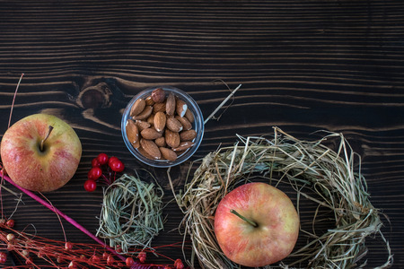 Rustic wood autumn background, view from above. Autumn, harvest, nature and food concepts. Space for text.の写真素材