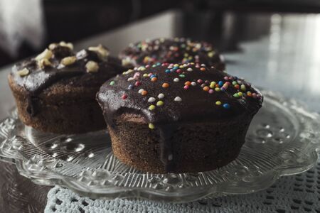 Homemade brownies with dark chocolate, close upの写真素材