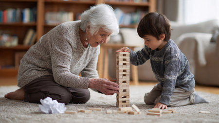 Lifestyle family bonding moment showing grandmother teaching grandson through playful buildingの素材