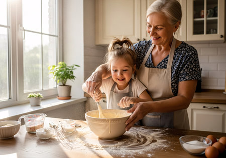 Grandmother teaching child to stir batter in sunny kitchen with flour scatteredの素材