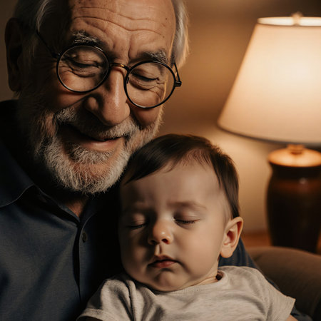 Quiet bond of care shown through child resting safely on grandfather's lapの素材