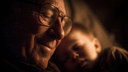 Generational tenderness captured through aged wrinkles and youthful restfulness togetherの素材