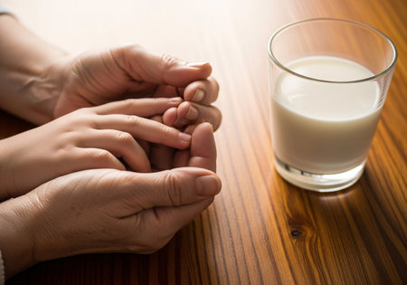 Close-up of wrinkled elderly hands gently holding small child fingers with tendernessの素材
