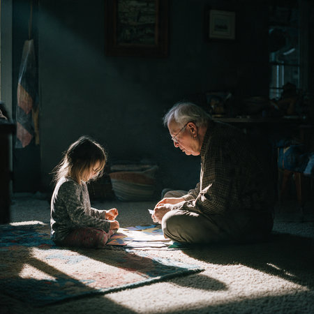 Elderly man teaching granddaughter to fold paper with sunlight on their handsの素材