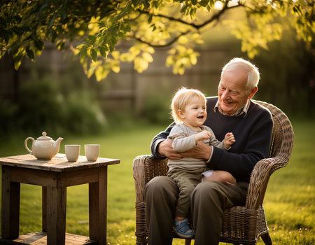 Elderly grandfather holding giggling toddler grandchild on lap in golden garden lightの素材