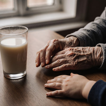 Generational touch captured in close detail of old and young hands togetherの素材