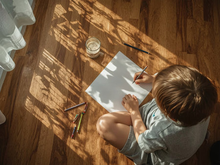 A child sitting cross legged on the floor drawing quietlyの素材