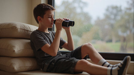 Childhood discovery and self learning through binoculars and peaceful reflectionの素材