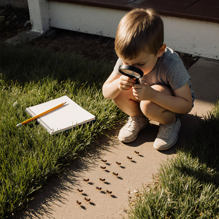 Backyard homeschooling with child studying ants using magnifying glassの素材