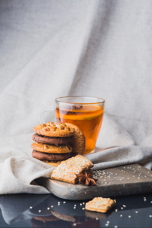 Delicious and healthy breakfast with tea and biscuitsの写真素材