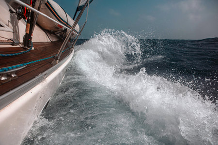 Sailing on a sailboat among big wavesの写真素材