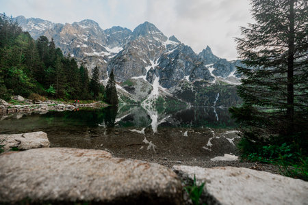 Landscape with a beautiful lake in the mountainsの写真素材