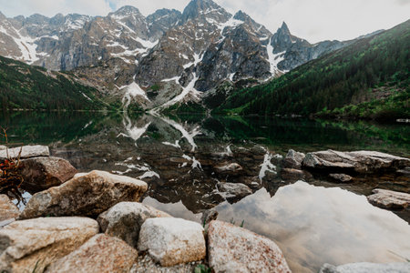 Landscape with a beautiful lake in the mountainsの写真素材