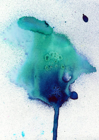 green and blue watercolor spot blurred background, texture with blotches and splashes, real watercolorの写真素材