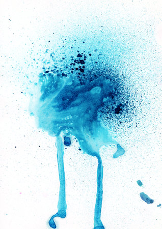 blue watercolor spot blurred background, texture with blotches and splashes, real watercolorの写真素材