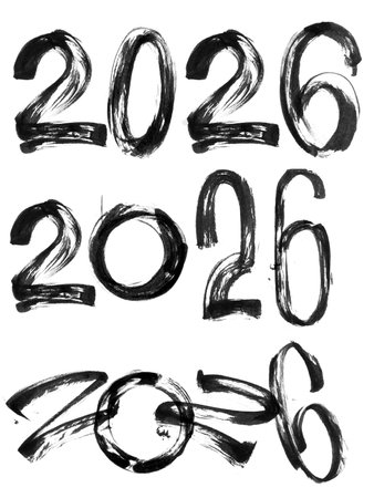 Black Numbers lettering 2026 . Realistic drawing of brush strokes and blotches with black ink,watercolor acrylic paintの写真素材