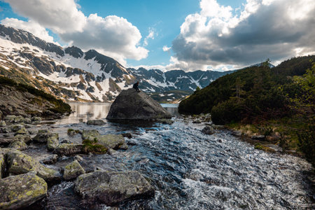 A girl is relaxing in the mountains, sitting on a rock near a beautiful lakeの写真素材