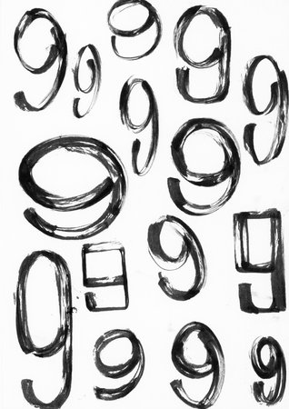 Black Numbers lettering 9 . Realistic drawing of brush strokes and blotches with black ink,watercolor acrylic paint,on a white isolated backgroundの写真素材
