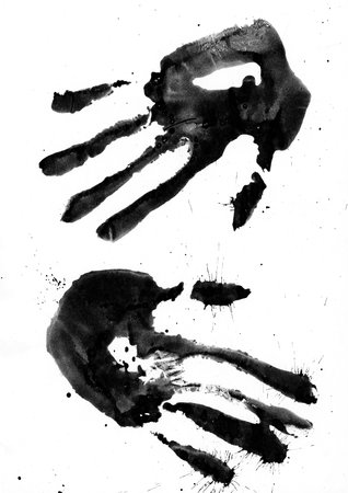 a black handprint highlighted on a white background by a human palm and fingers , a blob painted in watercolor , brush strokesの写真素材