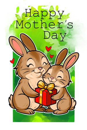 happy Mothers Day greeting card, motherhood, gift for mom, art, design, drawing, illustration on a white isolated background. A family of rabbits with a giftの写真素材
