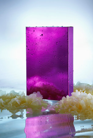 Close-up of cosmetic mask packaging box, on water surface backgroundの写真素材