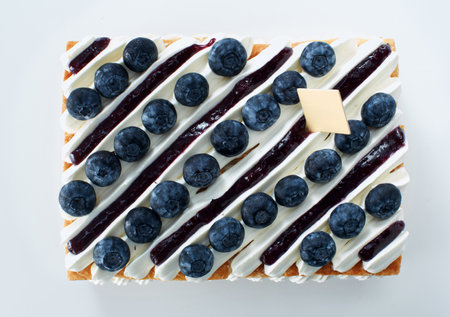 Fresh delicious blueberry cake on white backgroundの写真素材