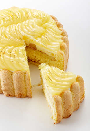 Closeup delicate pear cake on white background