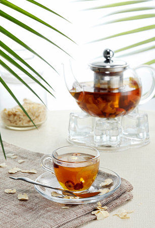 Cup of tea and teapot on table close-upの写真素材