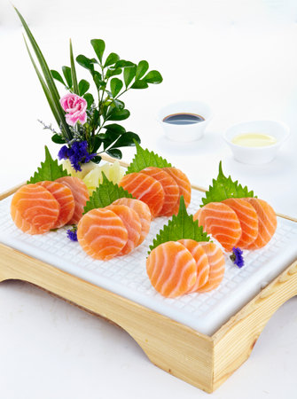 Salmon Sashimi - Japanese food style on white background.の写真素材