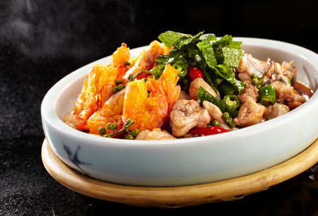 Delicious Chinese food, braised frog and shrimpの写真素材