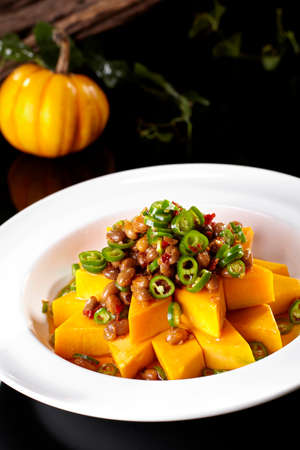 Delicious Chinese food, steamed pumpkin with soy sauceの写真素材