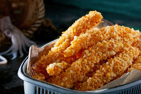 Delicious fried food, fried squid whiskers.の写真素材
