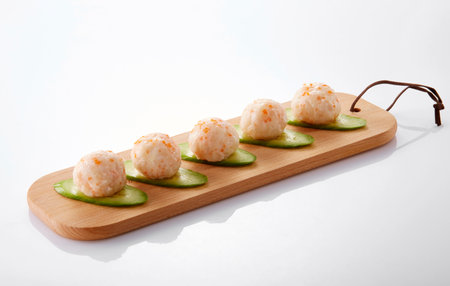 sushi with cucumber on a wooden board on a white backgroundの写真素材