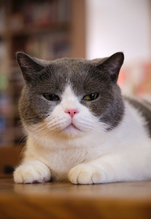 Close up british shorthair blue and white cat on wooden table at homeの写真素材