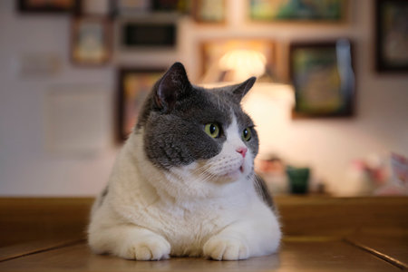 Close up british shorthair blue and white cat on wooden table at homeの写真素材