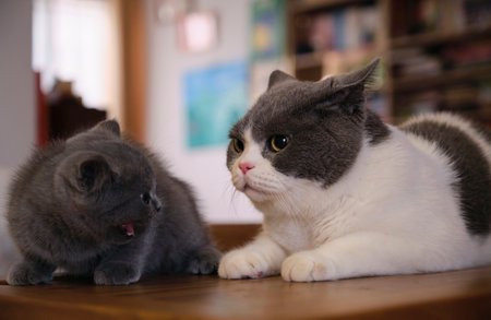 Close up british shorthair blue and white cat on wooden table at home