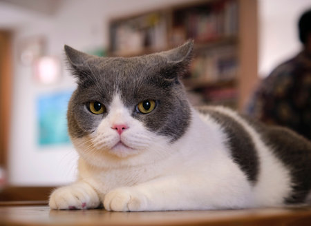 Close up british shorthair blue and white cat on wooden table at homeの写真素材