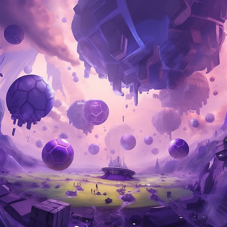 3d rendering of a fantasy landscape with a lot of balls and planetsの素材