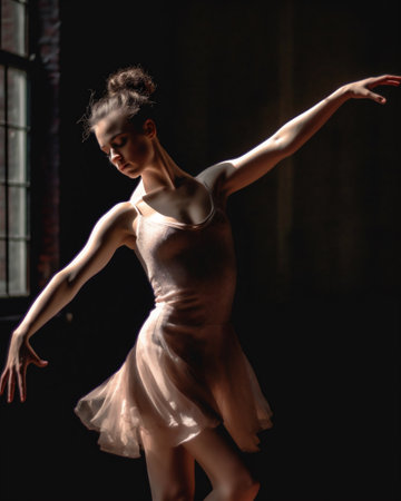 Young beautiful ballerina dancing in the studio on a dark backgroundの素材