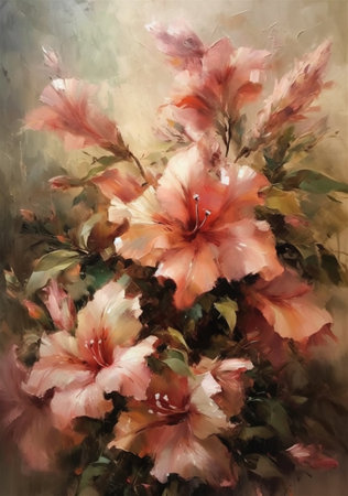 Oil painting of a bouquet of hibiscus flowers.の素材