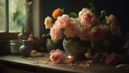Still life with a vase of pink roses on a wooden tableの素材