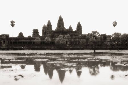 Water reflection of Angkor Wat temple, Angkor, Cambodia, infrared-monochrome image.の写真素材