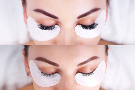 Eyelash Extension Procedure. Female eyes before and after.