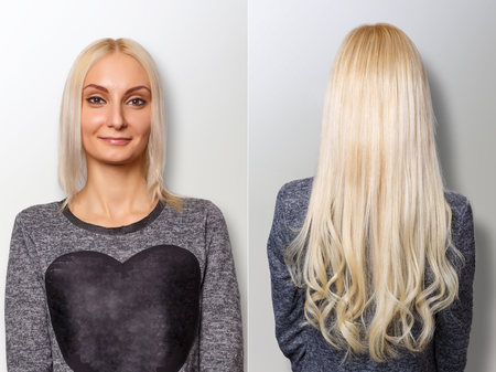 Hair extensions procedure. Hair before and after.の写真素材